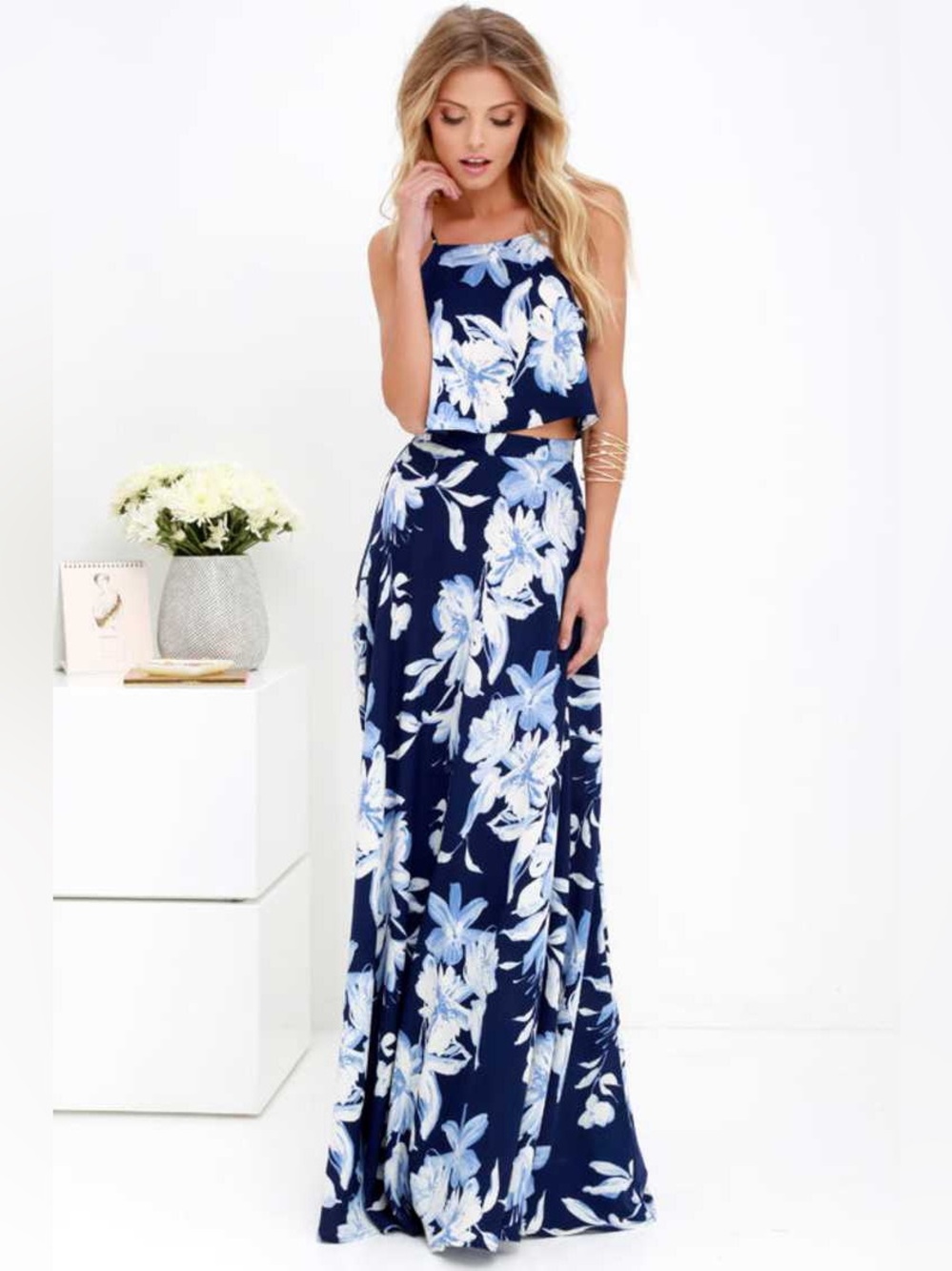 Love for Lanai Navy Blue Floral Print Two-Piece Maxi Dress